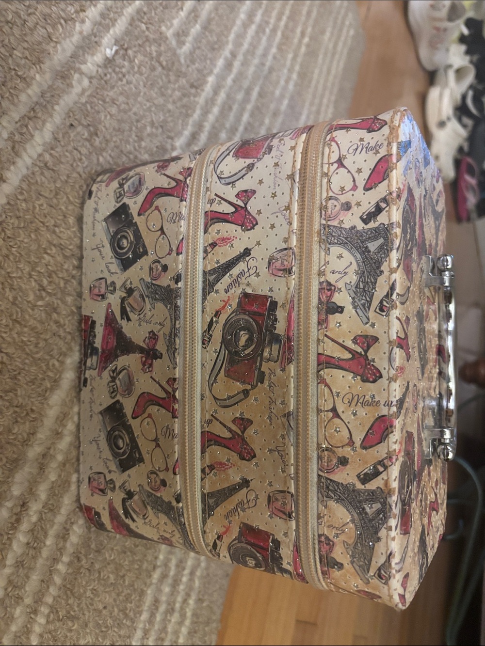 Cream Cosmetic Train Case with Pink Accents and Paris Print